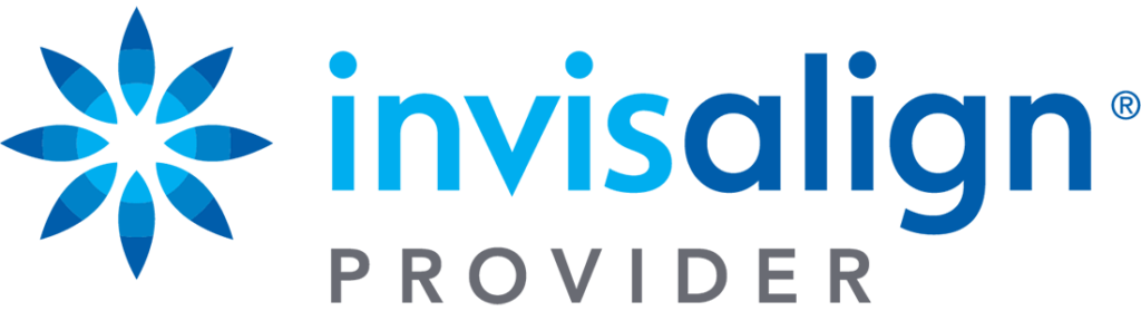 Invisalign Provider logo featuring a blue and white starburst icon, “invisalign” in blue lowercase letters, and “PROVIDER” in gray uppercase text below.